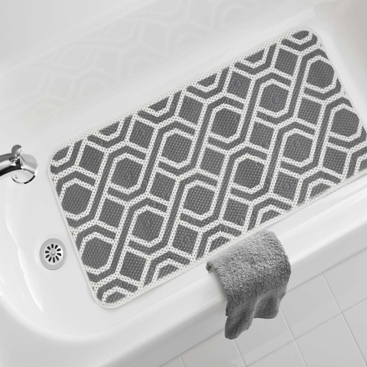 17 in. x 36 in. Cushioned Bathtub Mat, Grey Fretwork